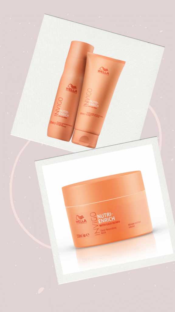 Frasco do produto Wella Invigo Nutri-Enrich em destaque sobre fundo neutro, com design moderno em tons de laranja para cabelos loiros