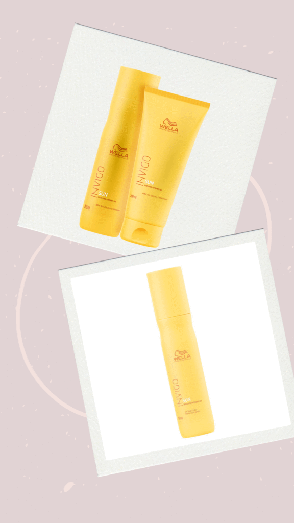 Frasco do produto Wella Sun da linha com proteção solar, em cor vibrante laranja ou dourada, posicionado sobre fundo neutro.