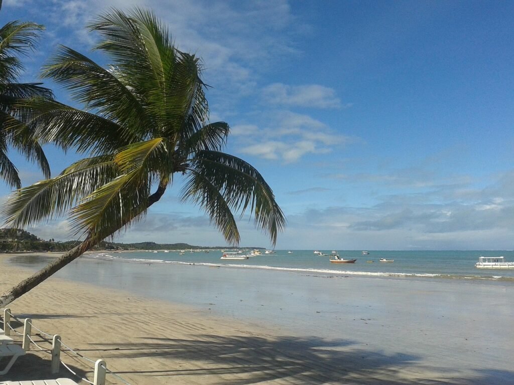 Praia de Maragogi, em Alagoas, com areia clara, coqueiros e barcos de pescadores ancorados no mar azul-turquesa.