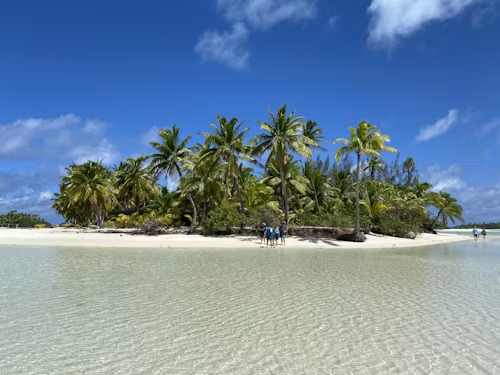 Paisagem das Ilhas Cook com mar de águas cristalinas em tons de azul turquesa, céu limpo e algumas palmeiras ao fundo.