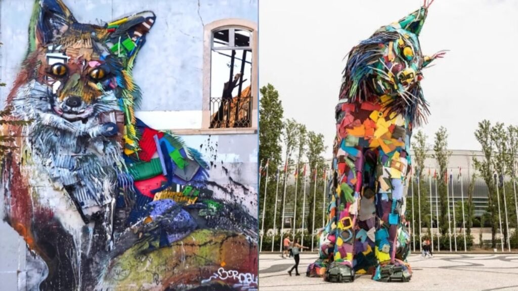 Instalação urbana do artista Bordalo II em Lisboa representando um lince-ibérico feita com materiais reciclados e coloridos sobre uma parede urbana.