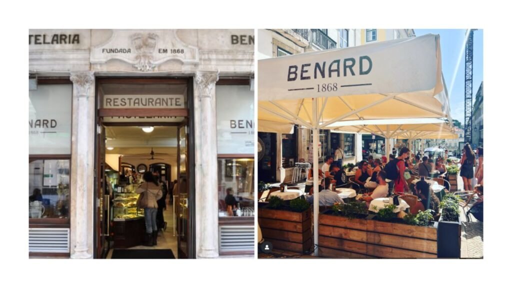 Fachada da tradicional Cafetaria Bernard em Portugal, com mesas externas e movimento de pessoas em ambiente urbano elegante.