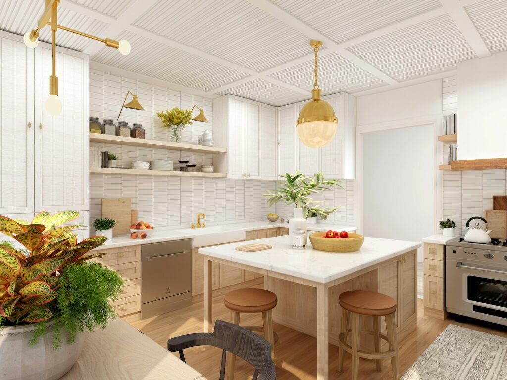 Cozinhas modernas portuguesas branca com detalhes em dourado, acessórios modernos e iluminação elegante, em ambiente sofisticado.