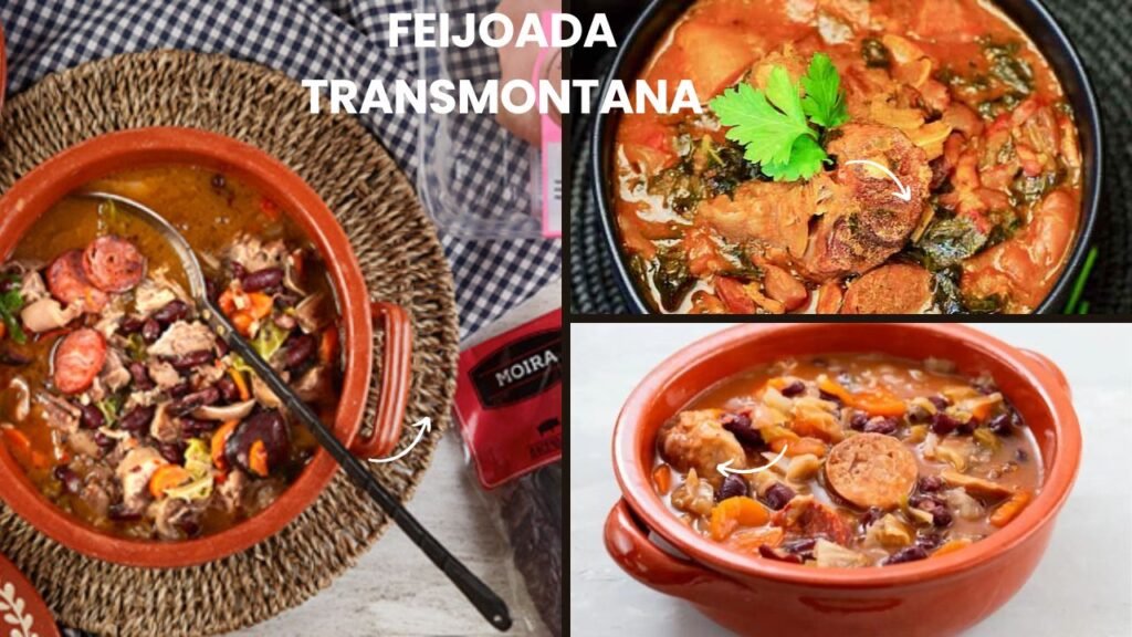 Três pratos de feijoada transmontana portuguesa servidos em louça rústica, com ingredientes típicos como enchidos, feijão e carnes.