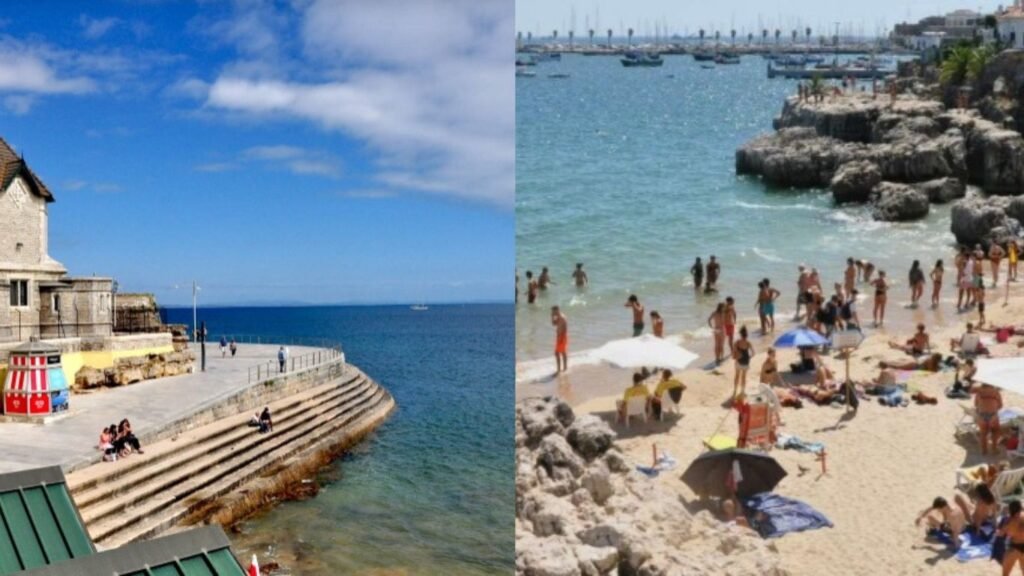 Praias de Lisboa movimentada na linha de Cascais, com banhistas aproveitando o sol e o mar em um dia claro.