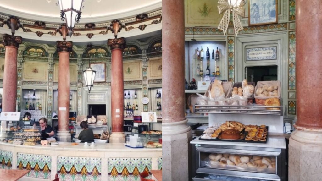 Fachada charmosa da Pastelaria São Roque em Lisboa, com vitrine repleta de doces tradicionais portugueses.