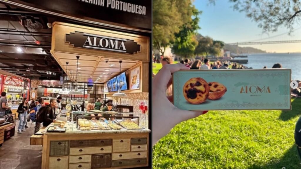 Interior aconchegante da Pastelaria Aloma em Portugal, com destaque para uma caixa elegante recheada de sobremesas tradicionais portuguesas.