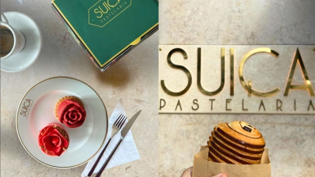 Sobremesa tradicional portuguesa servida em prato com o logotipo da histórica Pastelaria Suíça de Lisboa.