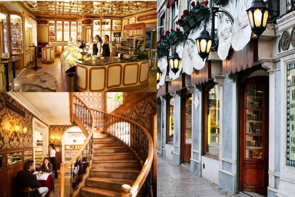 Fachada clássica e interior elegante de uma pastelaria portuguesa tradicional em Lisboa, com mesas decoradas e ambiente acolhedor.