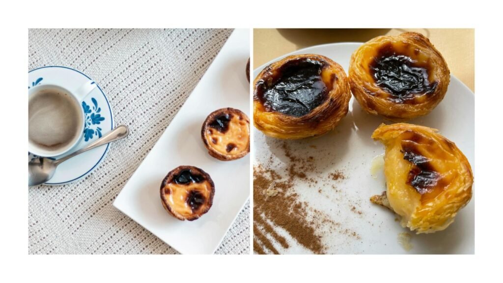 Pastéis de nata servidos em pratos tradicionais portugueses com uma xícara de café expresso ao lado.